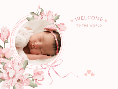 Personalised baby photo slate showcasing a newborn with floral design, perfect for celebrating new life and cherished memories.