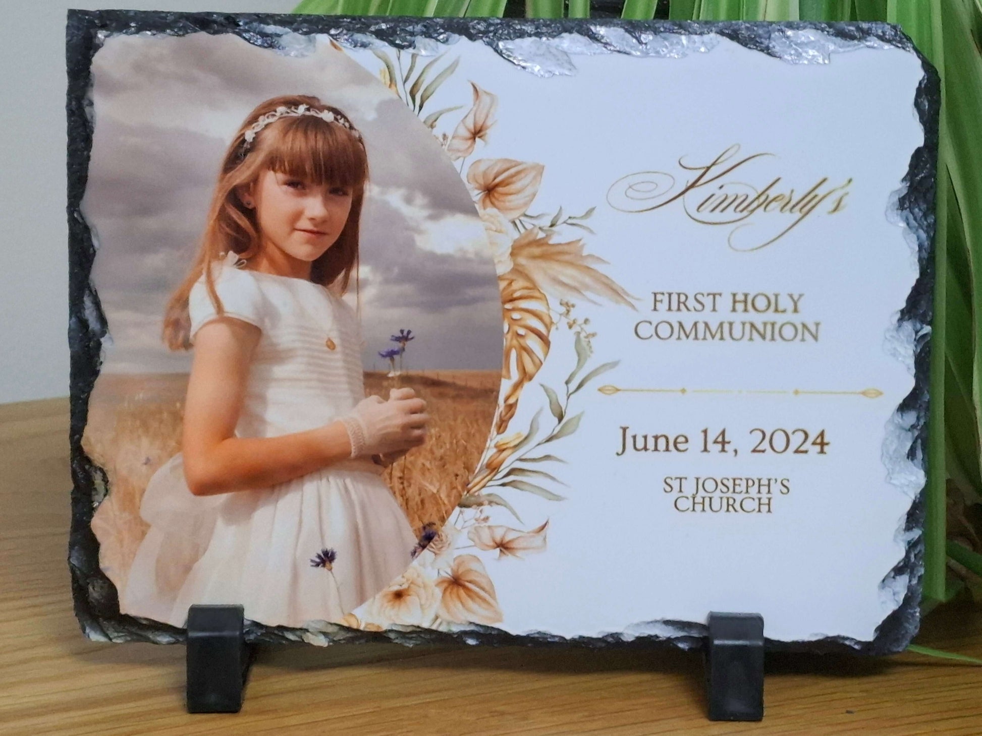 Personalised communion photo slate featuring a girl in a white dress for her first holy communion.