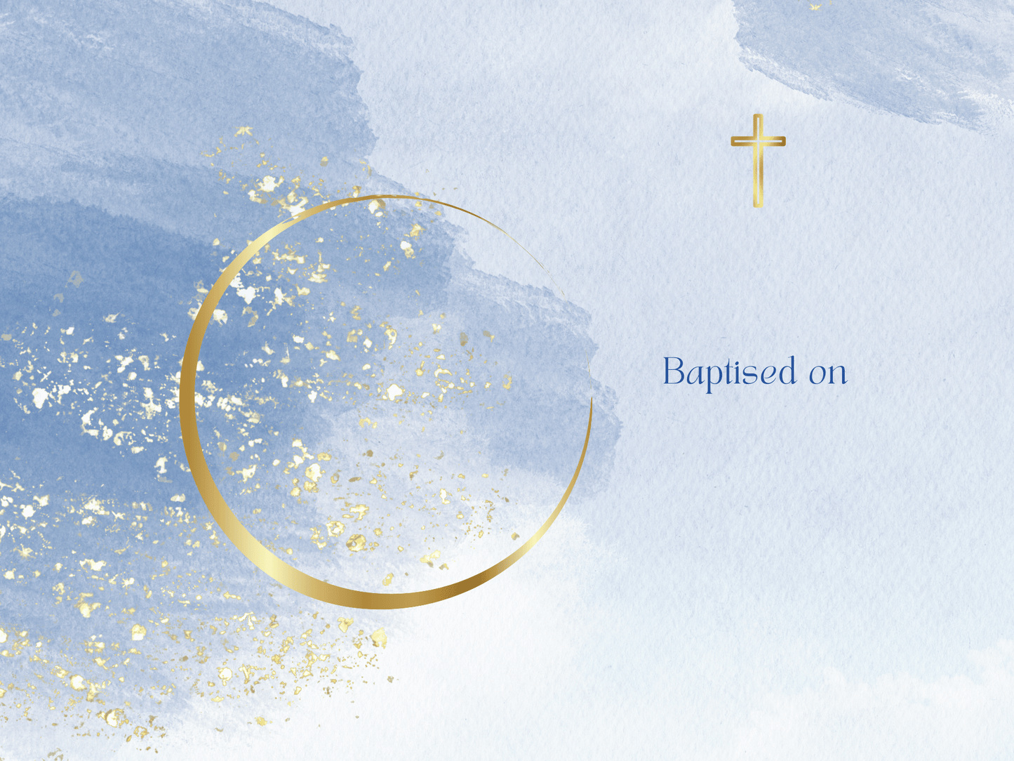 Elegant design of a baptism announcement featuring gold accents and the text 'Baptised on'.