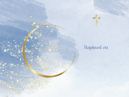 Elegant design of a baptism announcement featuring gold accents and the text 'Baptised on'.